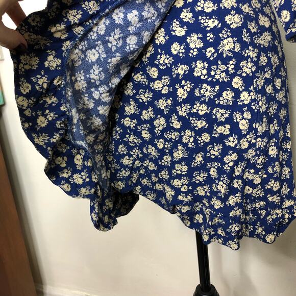 Sezane Dress Asianne Cara Antique Floral Wrap Mini Navy Blue Ruffle French 38 - Picture 8 of 13